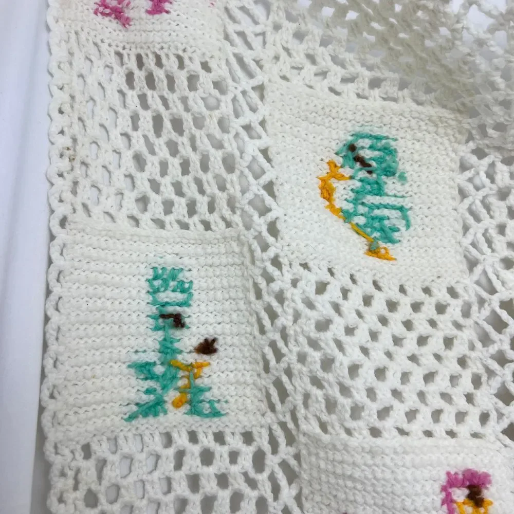 Vtg Handmade‎ Crotchet Baby Blanket W/ Animal Cross Stitch Pattern Nursery Decor